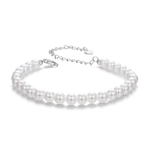 925 Sterling Silver Adjustable White Gold Plated Bracelet with Synthetic Pearl for Women