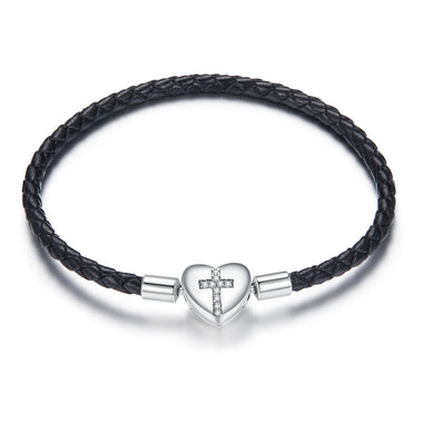 925 Sterling Silver Leather 17cm Bracelet with Oxidized CZ for Women