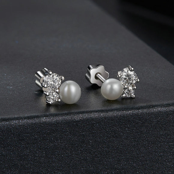 925 Sterling Silver 0.1 Carat Moissanite and Pearl Earrings for Women
