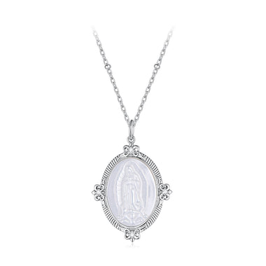 925 Sterling Silver Necklace with White Gold Plating, 40+5cm Length, CZ & Mother of Pearl Pendant for Women - 0
