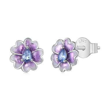 925 Sterling Silver Earrings with Pavé CZ and Enamel Process, 0.8cm, White Gold Plated for Women - 0