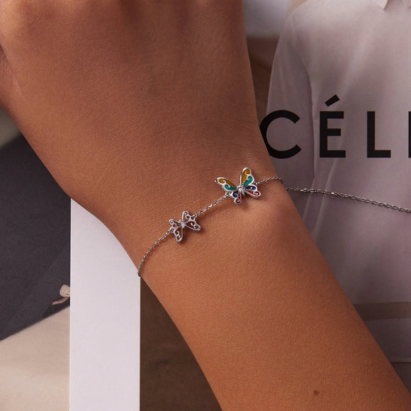 925 Sterling Silver Adjustable Butterfly Enamel Bracelet for Women