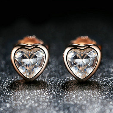 925 Sterling Silver Heart Shaped CZ Earrings with Rose Gold Plating for Women