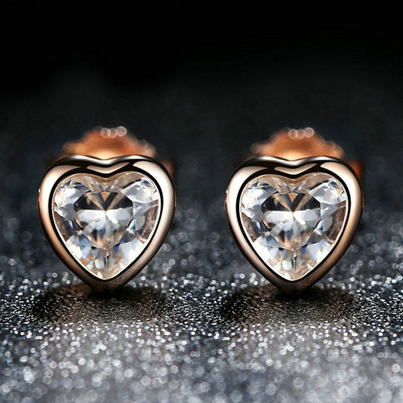 925 Sterling Silver Heart Shaped CZ Earrings with Rose Gold Plating for Women