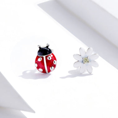 925 Sterling Silver Earrings with Enamel - Bug 1.0 x 0.8 cm, Flower 0.9 x 0.9 cm - Women - 0