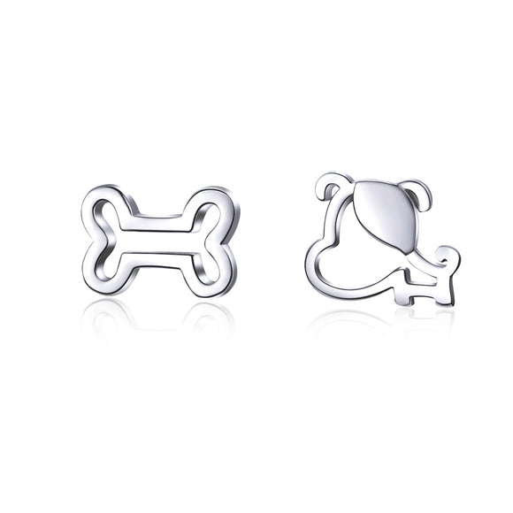 925 Sterling Silver Earrings for Women, 0.5-0.6cm, Bone and Dog Design, Platinum Plated
