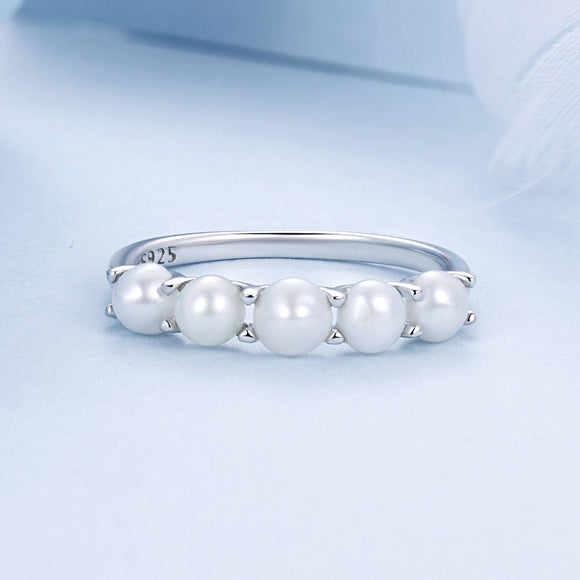 925 Sterling Silver Natural Pearl Platinum Plated Ring Size 6.0 for Women