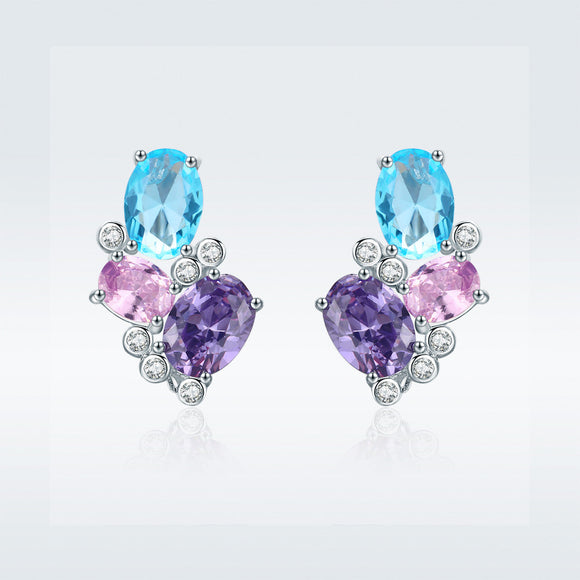 925 Sterling Silver Earrings with Transparent Glass, 1.6*1.1cm for Women