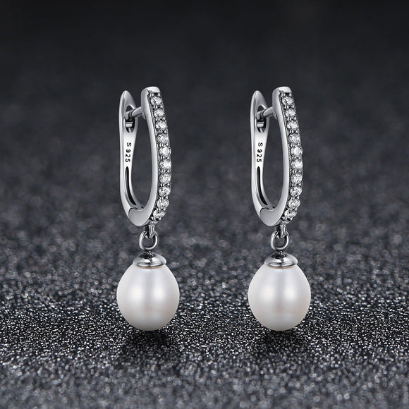 925 Sterling Silver Freshwater Pearl Earrings with Pavé Setting CZ for Women