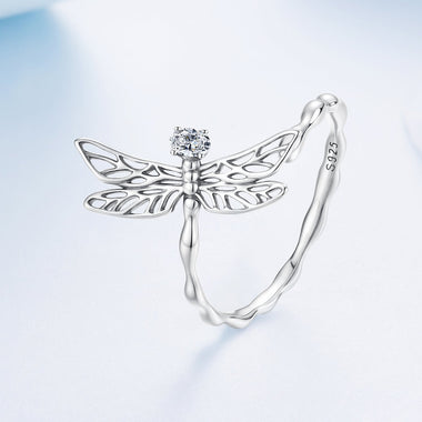 925 Sterling Silver Dragonfly Ring for Women with Cubic Zirconia - 0