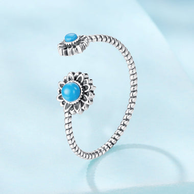 925 Sterling Silver Synthetic Turquoise Ring for Women - Oxidized Silver, Width: 0.12cm, Size: 0.5-0.7cm - 0