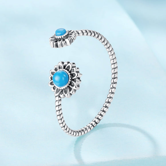 925 Sterling Silver Synthetic Turquoise Ring for Women - Oxidized Silver, Width: 0.12cm, Size: 0.5-0.7cm