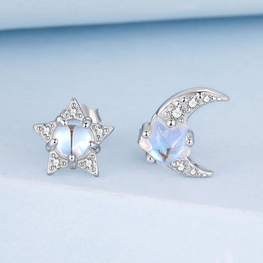 925 Sterling Silver White Gold Plated Moonstone & CZ Earrings - 0
