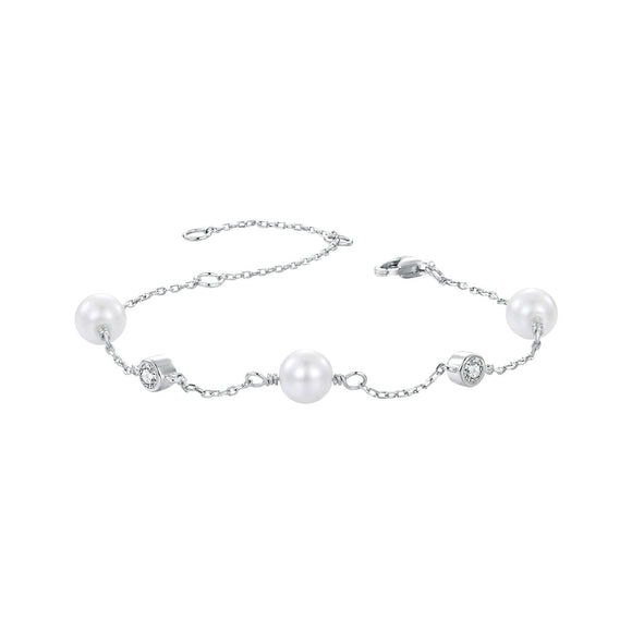 925 Sterling Silver 3mm Moissanite & Shell Pearl Bracelet for Women