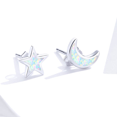 925 Sterling Silver Opal Earrings for Women - Star & Moon Design - 0