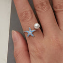 925 Sterling Silver White Gold Plated Quality Shell Pearl Starfish Ring for Women-4