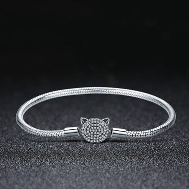 925 Sterling Silver Bracelet with Cat Head Charm, 17cm for Women - 0