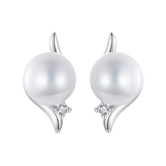 925 Sterling Silver Natural Pearl & CZ Earrings Plated in Platinum