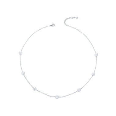 925 Sterling Silver White Gold Plated Necklace with Shell Pearl 400+50mm - 0