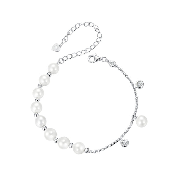 925 Sterling Silver 15+6cm White Gold Plated Bracelet with Quality Shell Pearl & CZ for Women