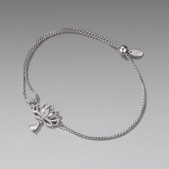 925 Sterling Silver Adjustable Chain Bracelet with White Gold Plating and CZ for Women