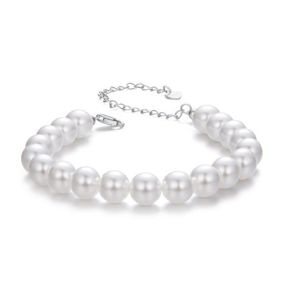 925 Sterling Silver Adjustable White Gold Plated Bracelet with Synthetic Pearl for Women