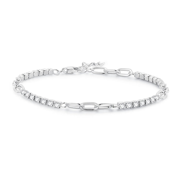 925 Sterling Silver Bracelet with Pavé Setting CZ, Platinum Plated, 14.5+3cm, for Women