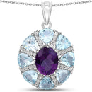 9.50 Carat Genuine Amethyst, Blue Topaz and White Topaz .925 Sterling Silver Pendant-1