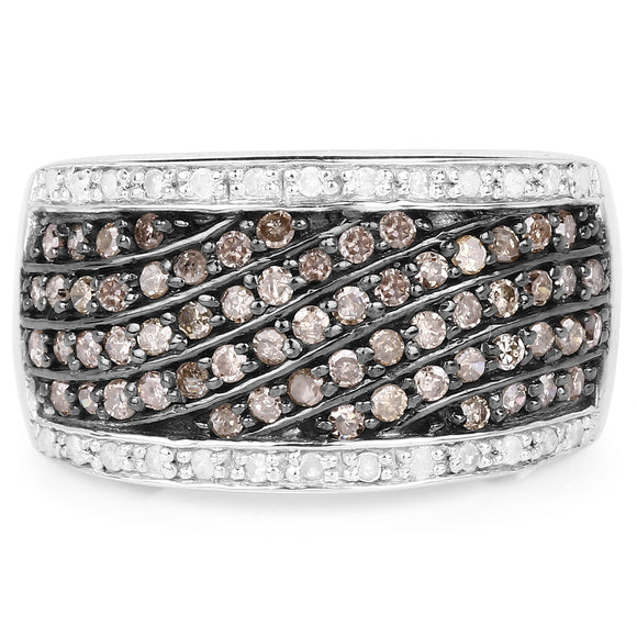 0.87 Carat Genuine Champagne Diamond and White Diamond .925 Sterling Silver Ring
