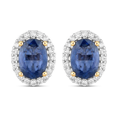 2.16 Carat Genuine Blue Sapphire and White Diamond 14K Yellow Gold Earrings