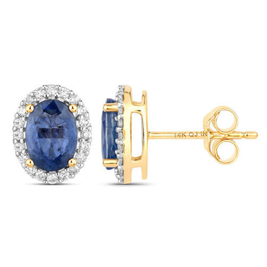2.16 Carat Genuine Blue Sapphire and White Diamond 14K Yellow Gold Earrings - 0