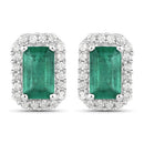 0.91 Carat Genuine Zambian Emerald and White Diamond 14K White Gold Earrings-5