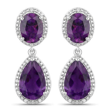 8.45 Carat Genuine Amethyst and White Diamond .925 Sterling Silver Earrings - 0