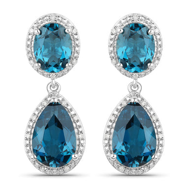 11.45 Carat Genuine London Blue Topaz and White Diamond .925 Sterling Silver Earrings - 0