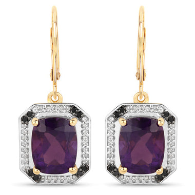 5.56 Carat Genuine Amethyst, Black Diamond and White Topaz .925 Sterling Silver Earrings - 0