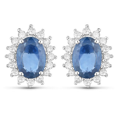 2.22 Carat Genuine Blue Sapphire and White Diamond 14K White Gold Earrings