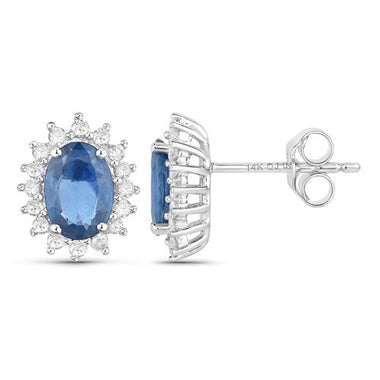 2.22 Carat Genuine Blue Sapphire and White Diamond 14K White Gold Earrings - 0