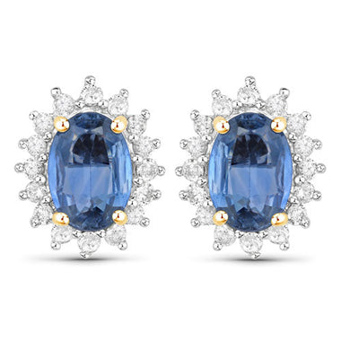 2.22 Carat Genuine Blue Sapphire and White Diamond 14K Yellow Gold Earrings