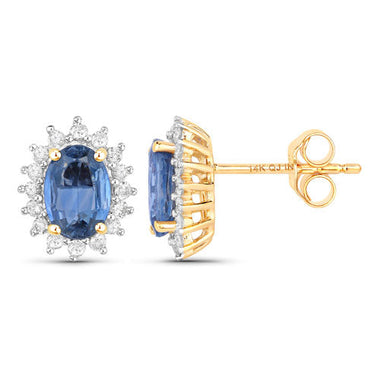 2.22 Carat Genuine Blue Sapphire and White Diamond 14K Yellow Gold Earrings - 0