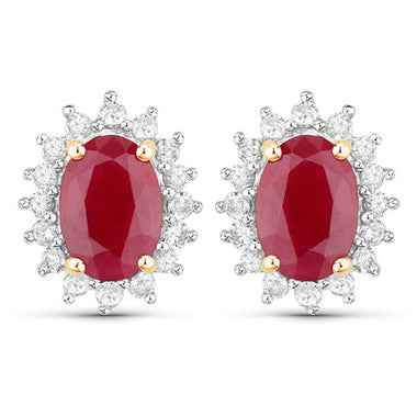 2.02 Carat Genuine Ruby and White Diamond 14K Yellow Gold Earrings