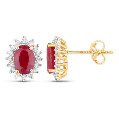 2.02 Carat Genuine Ruby and White Diamond 14K Yellow Gold Earrings - 0