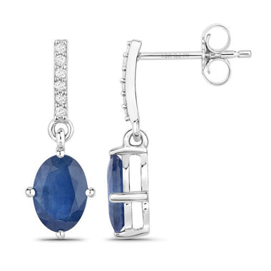 1.95 Carat Genuine Blue Sapphire and White Diamond 10K White Gold Earrings - 0