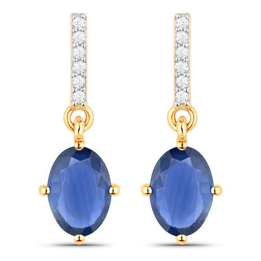 1.95 Carat Genuine Blue Sapphire and White Diamond 14K Yellow Gold Earrings