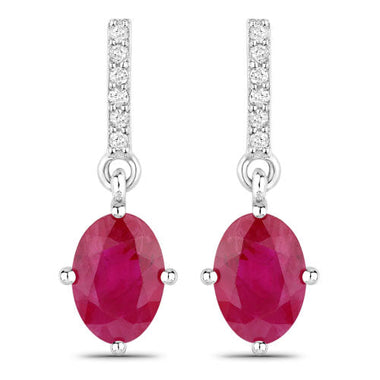 1.75 Carat Genuine Ruby and White Diamond 14K White Gold Earrings