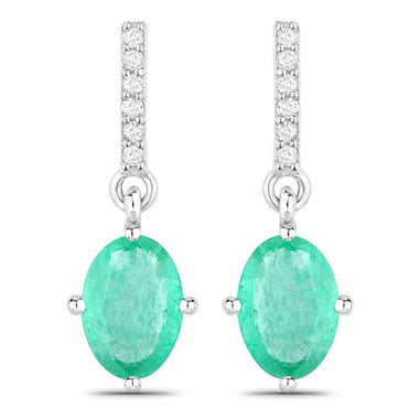 1.49 Carat Genuine Zambian Emerald and White Diamond 10K White Gold Earrings