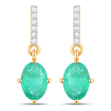 1.49 Carat Genuine Zambian Emerald and White Diamond 10K Yellow Gold Earrings