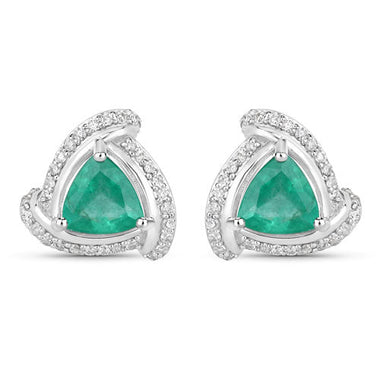 1.23 Carat Genuine Zambian Emerald and White Diamond 14K White Gold Earrings - 0