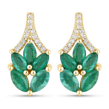 0.91 Carat Genuine Zambian Emerald and White Diamond 14K Yellow Gold Earrings - 0