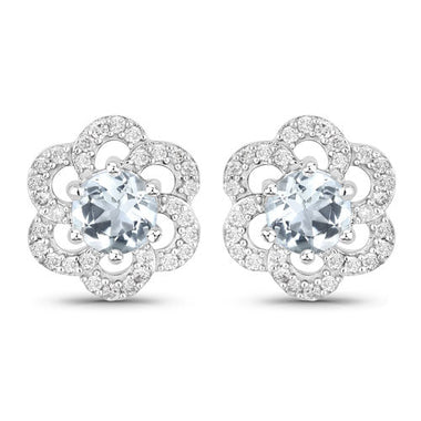 0.61 Carat Genuine Aquamarine and White Diamond 14K White Gold Earrings - 0