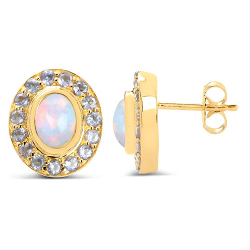 14K Yellow Gold Plated 2.01 Carat Genuine Ethiopian Opal and Tanzanite .925 Sterling Silver Earrings